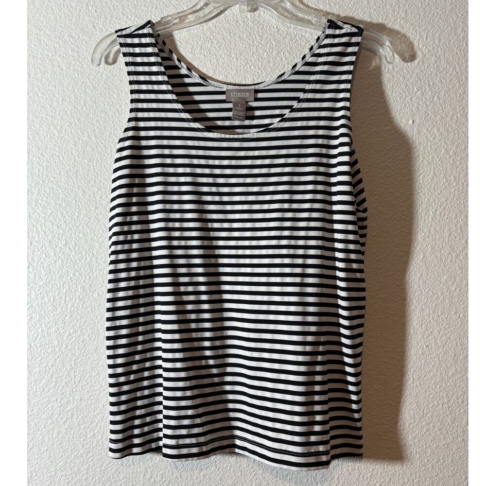 Chico's Size 1 (M) Black White Striped Sleeveless Scoop Neck Stretch Tank Top